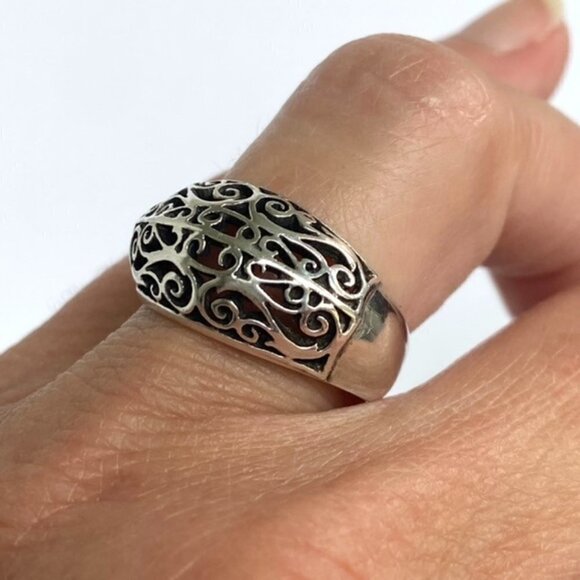 Sterling Silver 925 11mm Scrollwork Pierced Metal Work Wide Band Ring Sz 7 4g - Picture 3 of 16